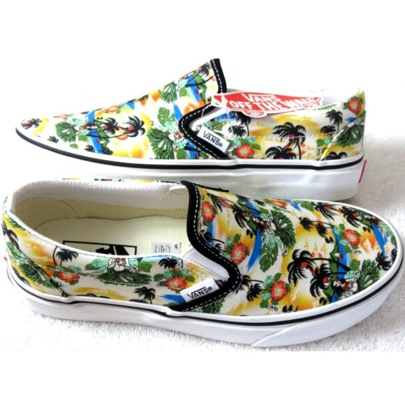 Vans Women's Classic Slip On Aloha Black True White Canvas Shoes Size 6.5 NIB - Picture 2 of 5